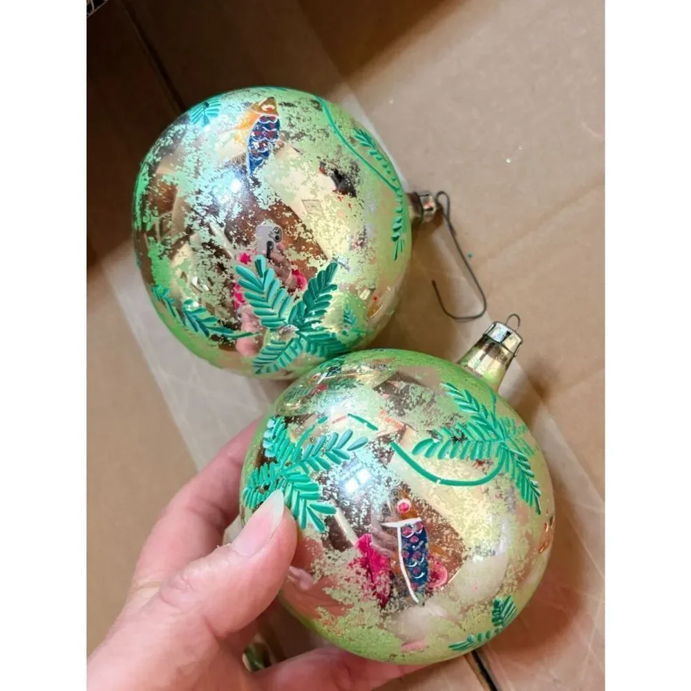 Vintage Glass Ornaments Set 2 Hand Painted Fish Mercury Style approx 4” diameter